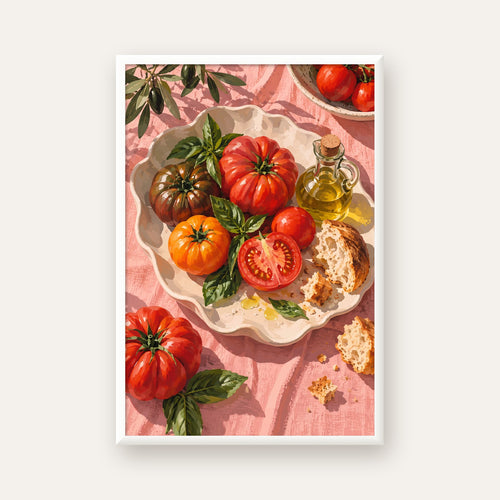 Akdeniz Domates ve Zeytinyağı Natürel Stil Sanat Posteri — beyaz çerçeveli dikey poster