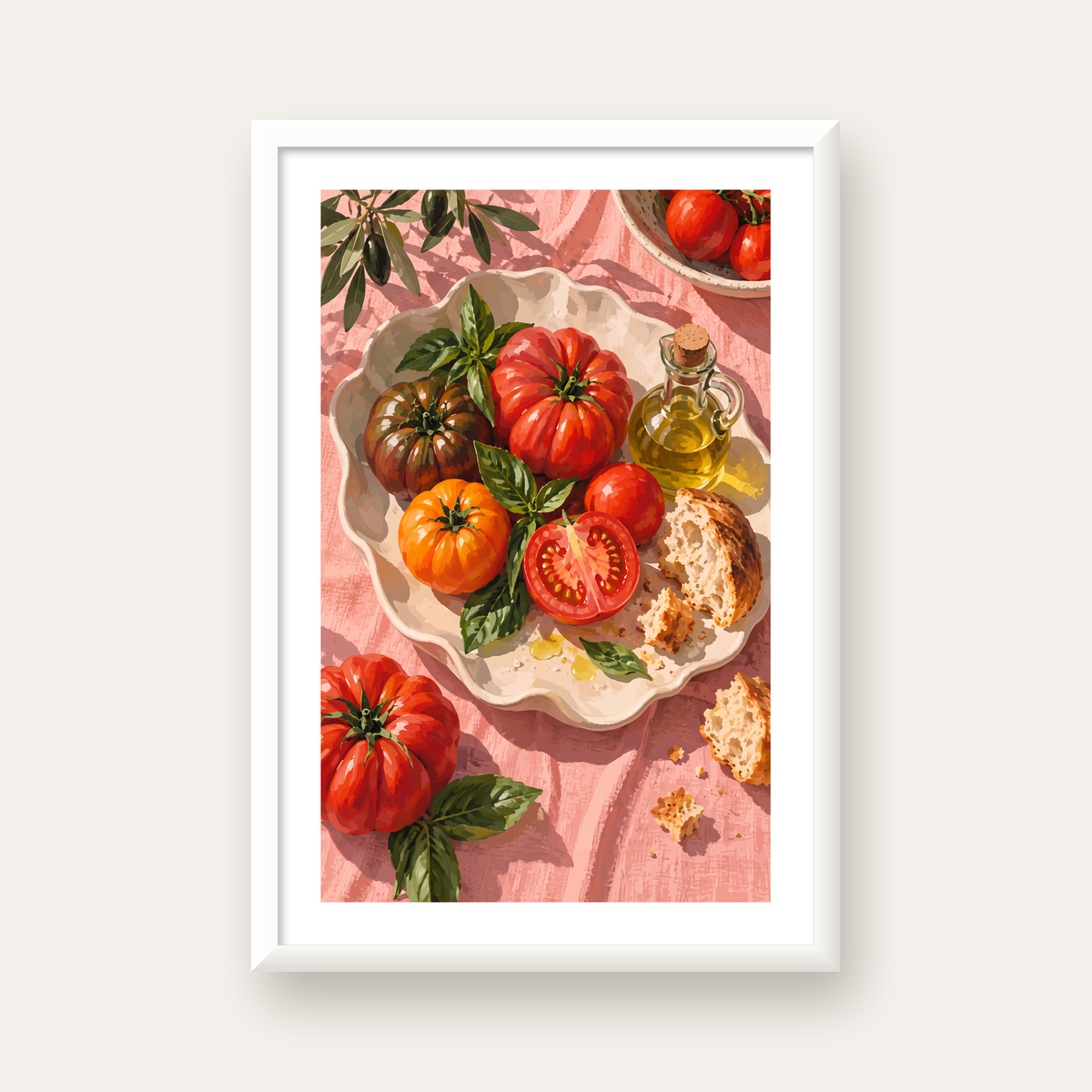 Akdeniz Domates ve Zeytinyağı Natürel Stil Sanat Posteri — beyaz çerçeveli dikey poster