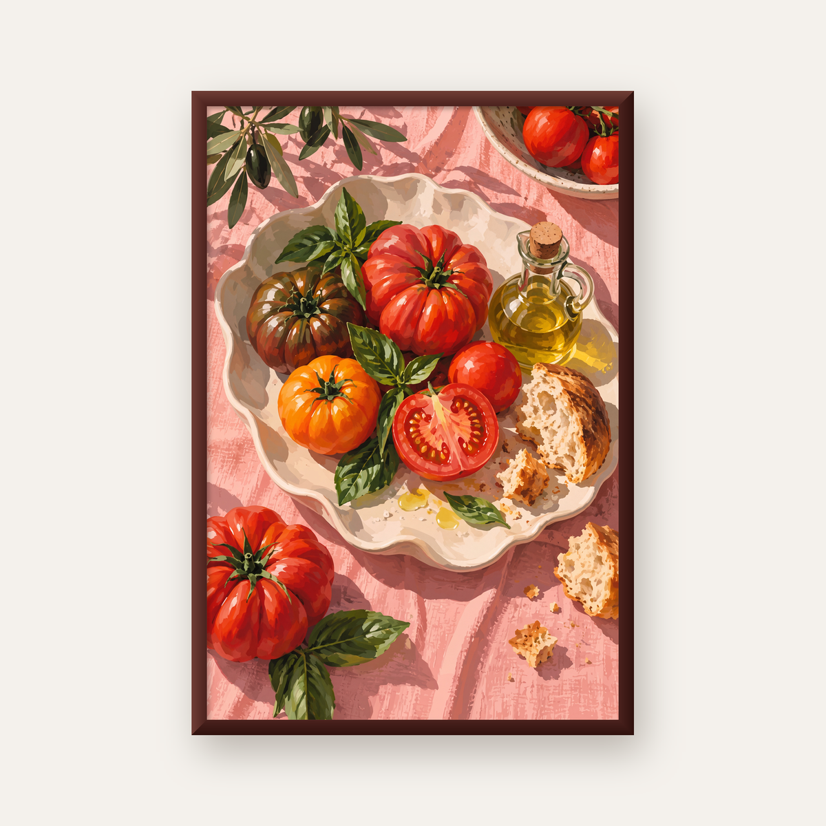 Akdeniz Domates ve Zeytinyağı Natürel Stil Sanat Posteri — ceviz çerçeveli