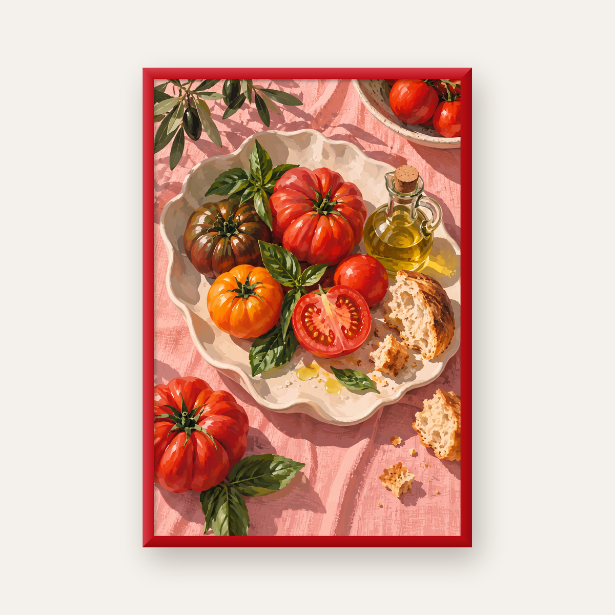 Akdeniz Domates ve Zeytinyağı Natürel Stil Sanat Posteri — kırmızı çerçeveli