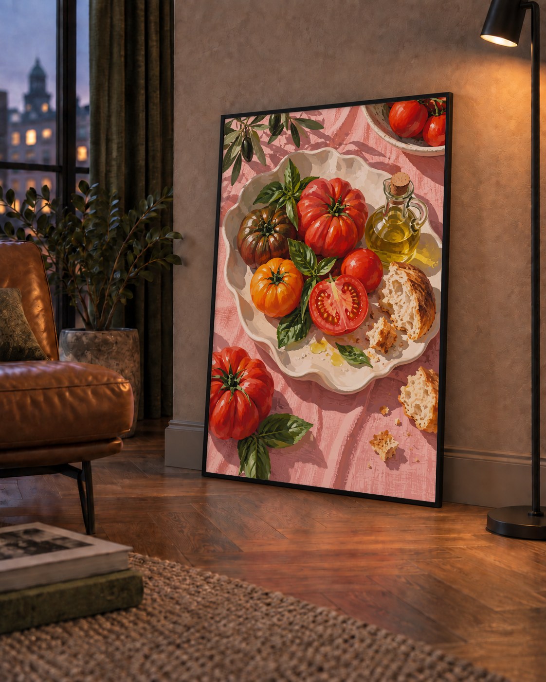 Akdeniz Domates ve Zeytinyağı Natürel Stil Sanat Posteri — çerçeveli hâliyle bir ev duvarında