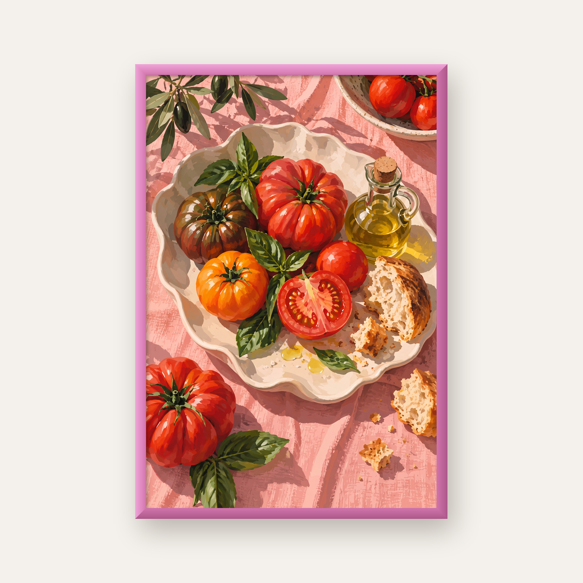 Akdeniz Domates ve Zeytinyağı Natürel Stil Sanat Posteri — pembe çerçeveli