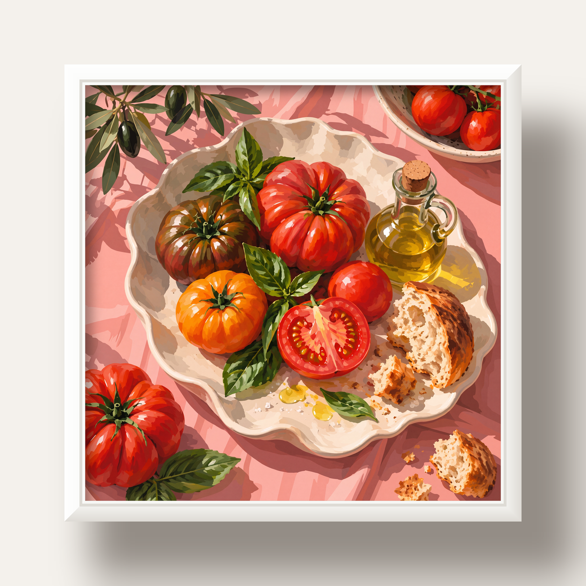 Akdeniz Domates ve Zeytinyağı Natürel Stil Sanat Posteri — beyaz derin çerçeveli