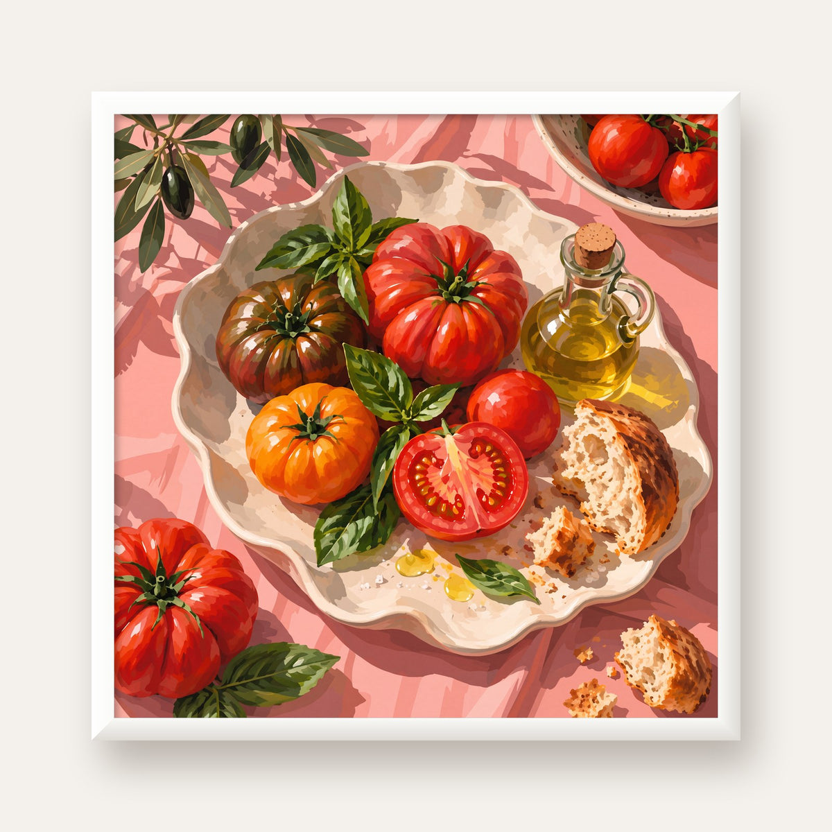Akdeniz Domates ve Zeytinyağı Natürel Stil Sanat Posteri — beyaz çerçeveli kare poster