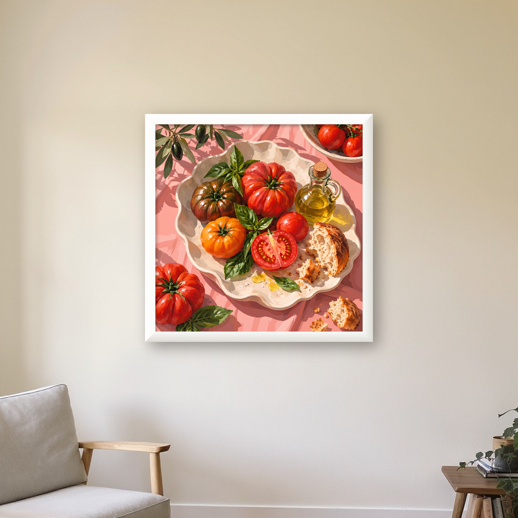 Akdeniz Domates ve Zeytinyağı Natürel Stil Sanat Posteri — beyaz çerçeveli kare poster