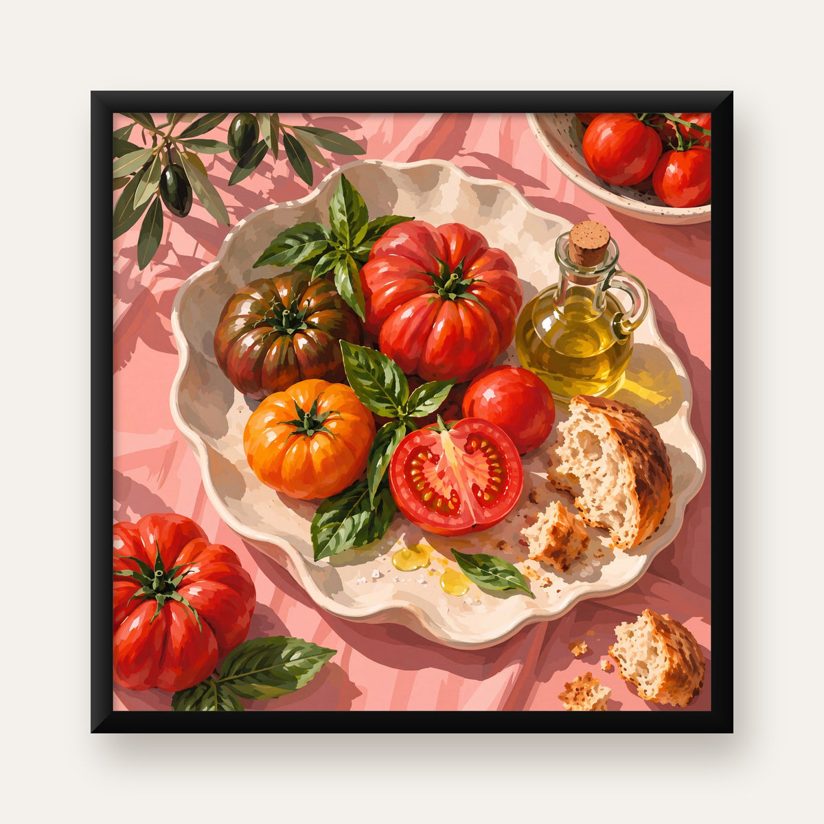 Akdeniz Domates ve Zeytinyağı Natürel Stil Sanat Posteri — Kare baskı, düz siyah çerçeveli duvar posteri