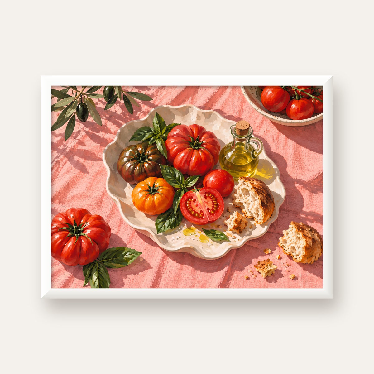 Akdeniz Domates ve Zeytinyağı Natürel Stil Sanat Posteri — beyaz çerçeveli yatay poster
