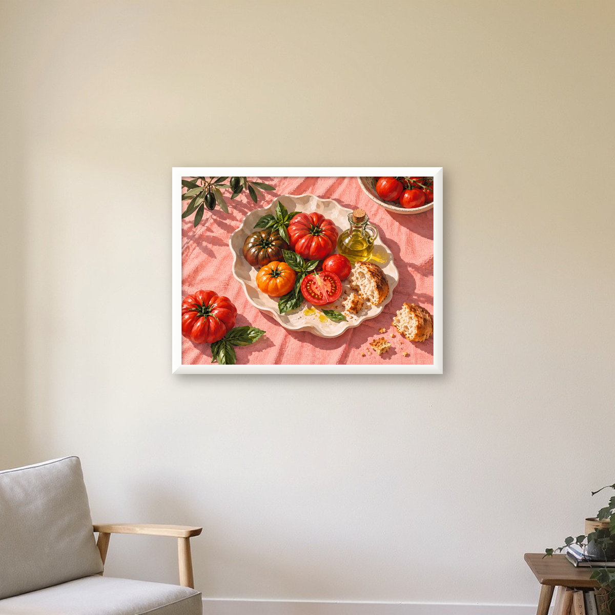 Akdeniz Domates ve Zeytinyağı Natürel Stil Sanat Posteri — beyaz çerçeveli yatay poster