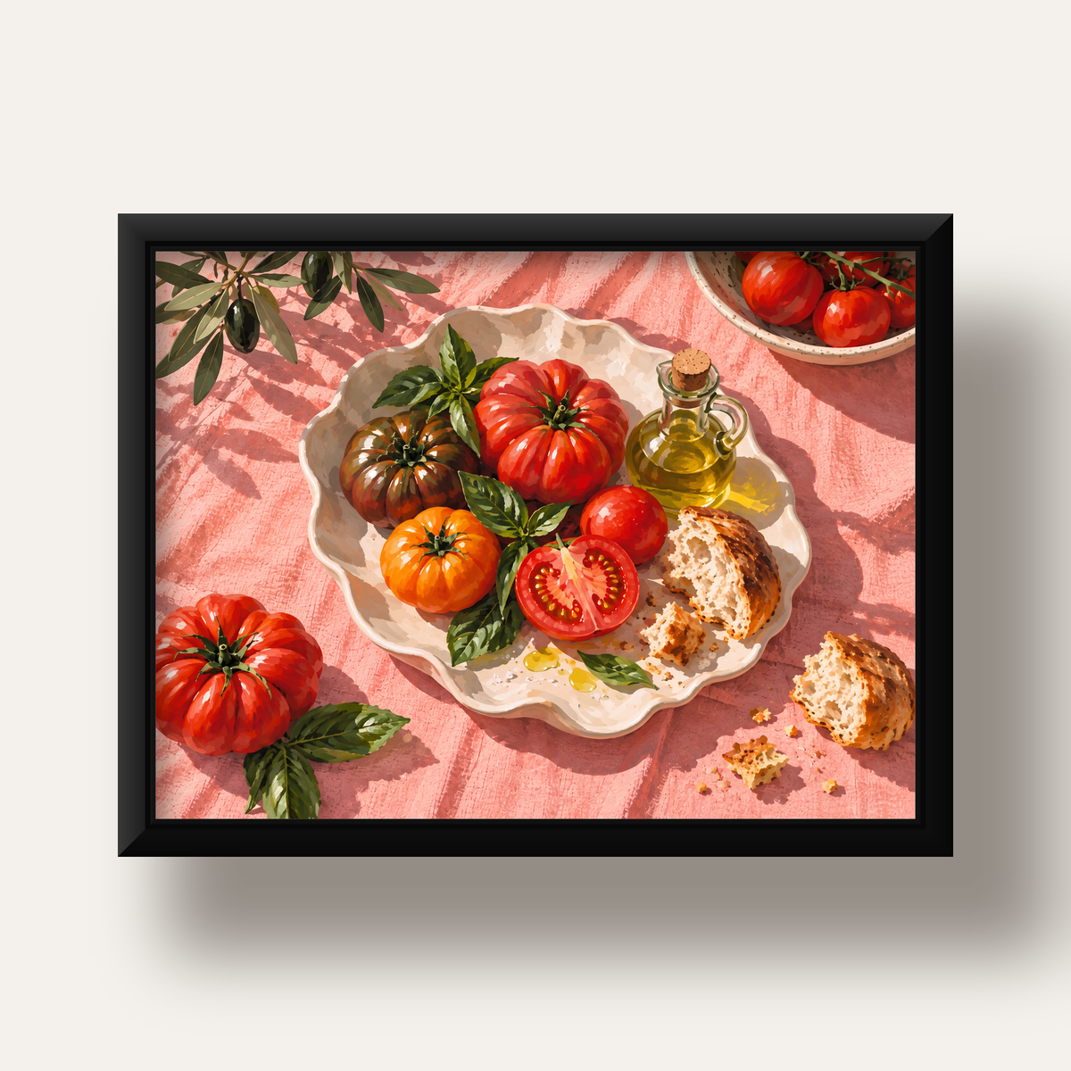 Akdeniz Domates ve Zeytinyağı Natürel Stil Sanat Posteri — siyah derin çerçeveli