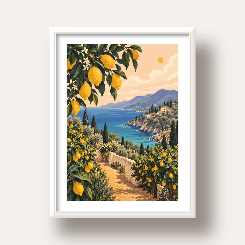 Akdeniz Limon Bahçesi Manzarası Dijital Poster Baskı — beyaz derin çerçeveli paspartulu