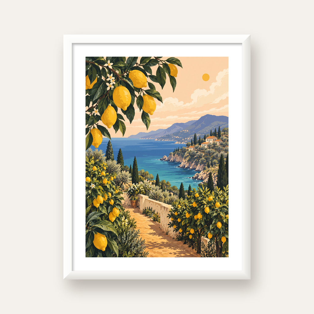 Akdeniz Limon Bahçesi Manzarası Dijital Poster Baskı — beyaz çerçeveli dikey poster