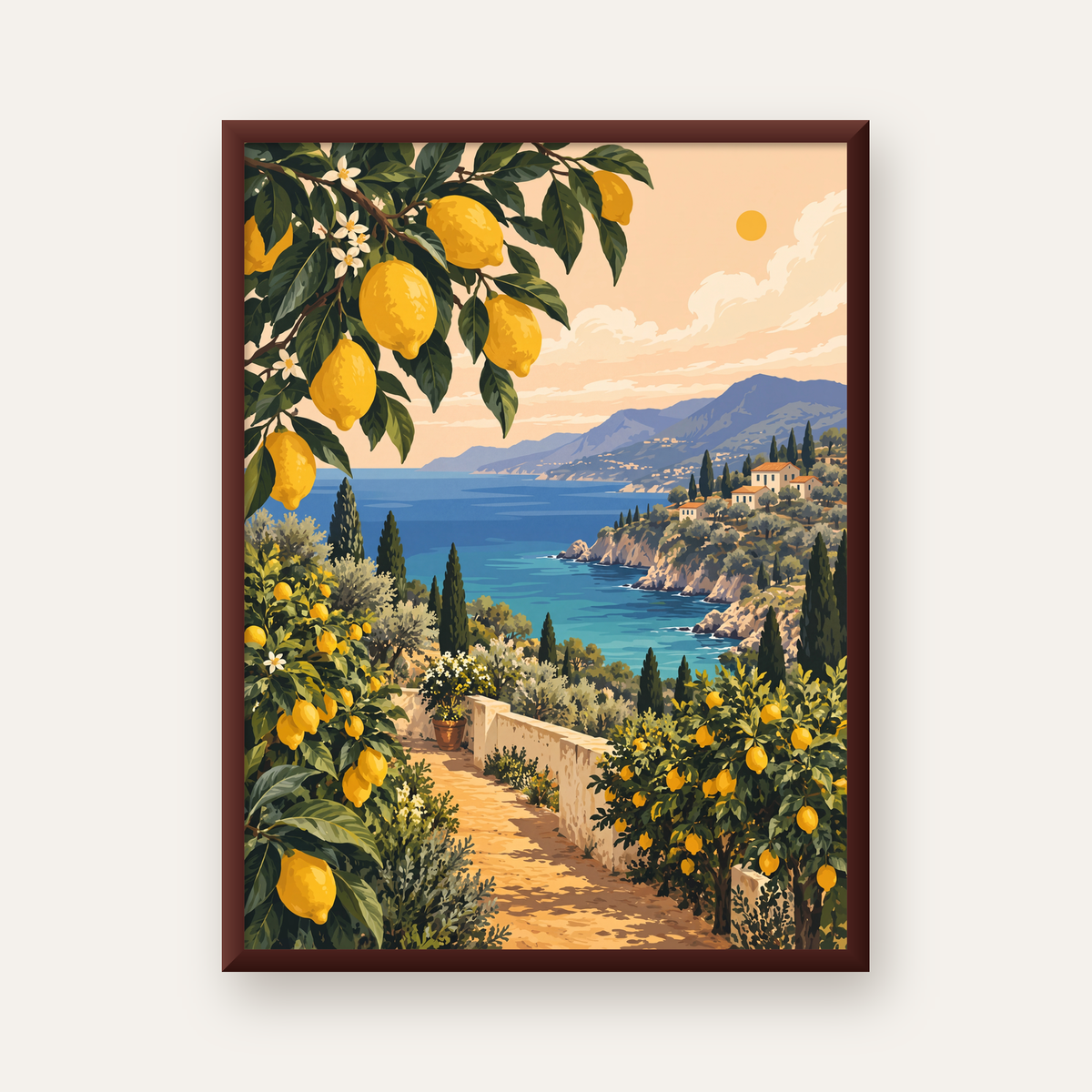 Akdeniz Limon Bahçesi Manzarası Dijital Poster Baskı — ceviz çerçeveli