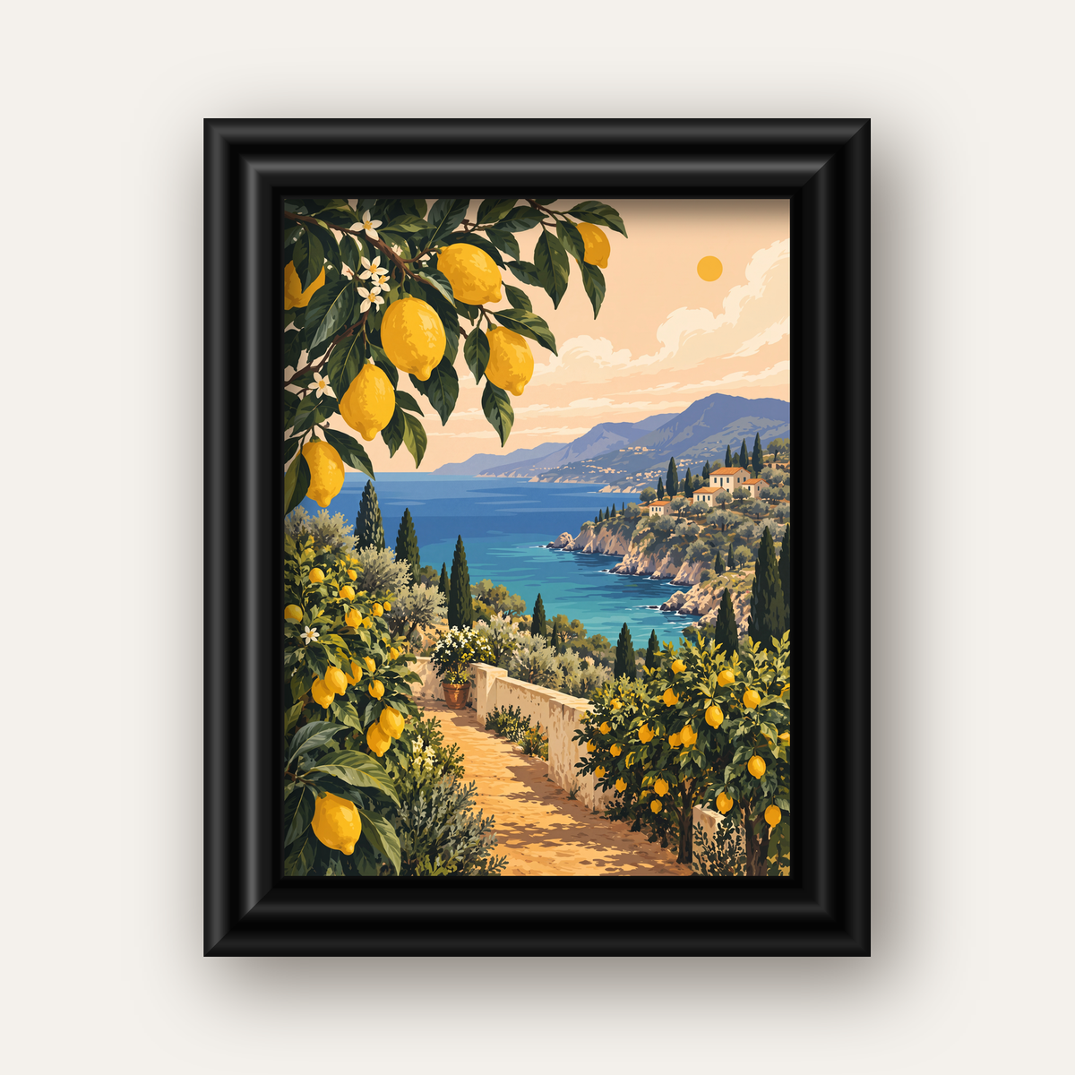 Akdeniz Limon Bahçesi Manzarası Dijital Poster Baskı — siyah galeri çerçeveli