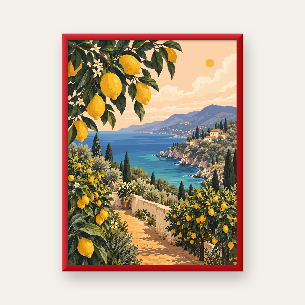 Akdeniz Limon Bahçesi Manzarası Dijital Poster Baskı — kırmızı çerçeveli