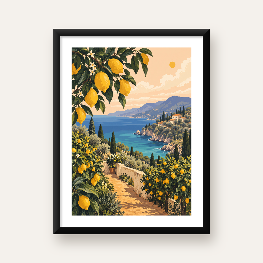 Akdeniz Limon Bahçesi Manzarası Dijital Poster Baskı — Dikey baskı, beyaz paspartulu
