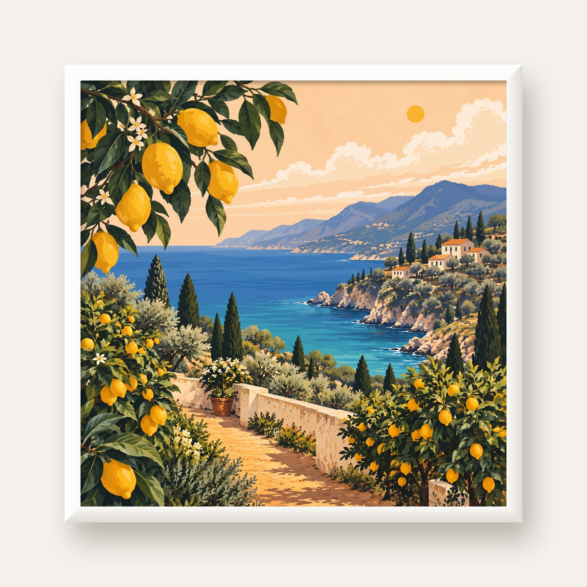 Akdeniz Limon Bahçesi Manzarası Dijital Poster Baskı — beyaz çerçeveli kare poster