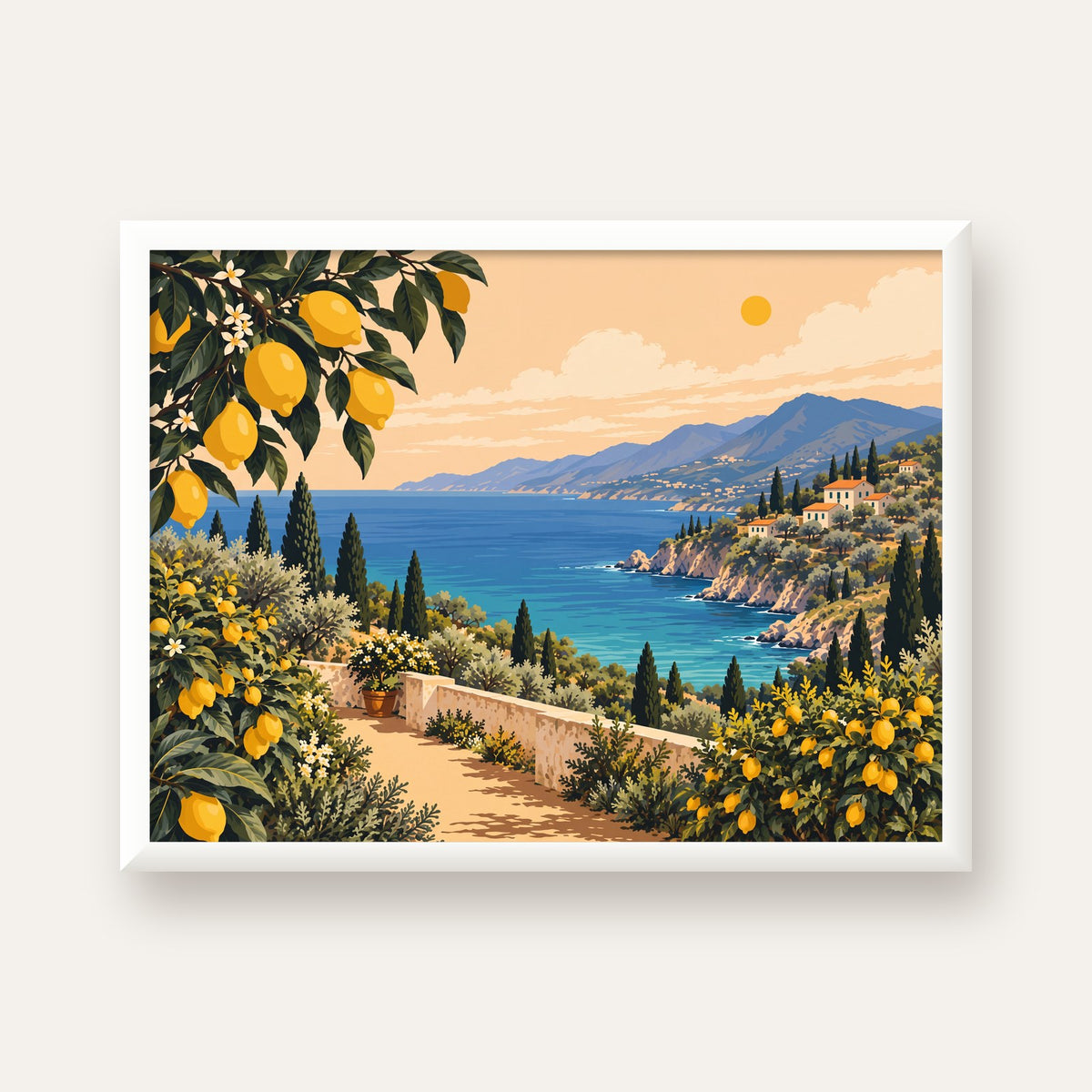 Akdeniz Limon Bahçesi Manzarası Dijital Poster Baskı — beyaz çerçeveli yatay poster
