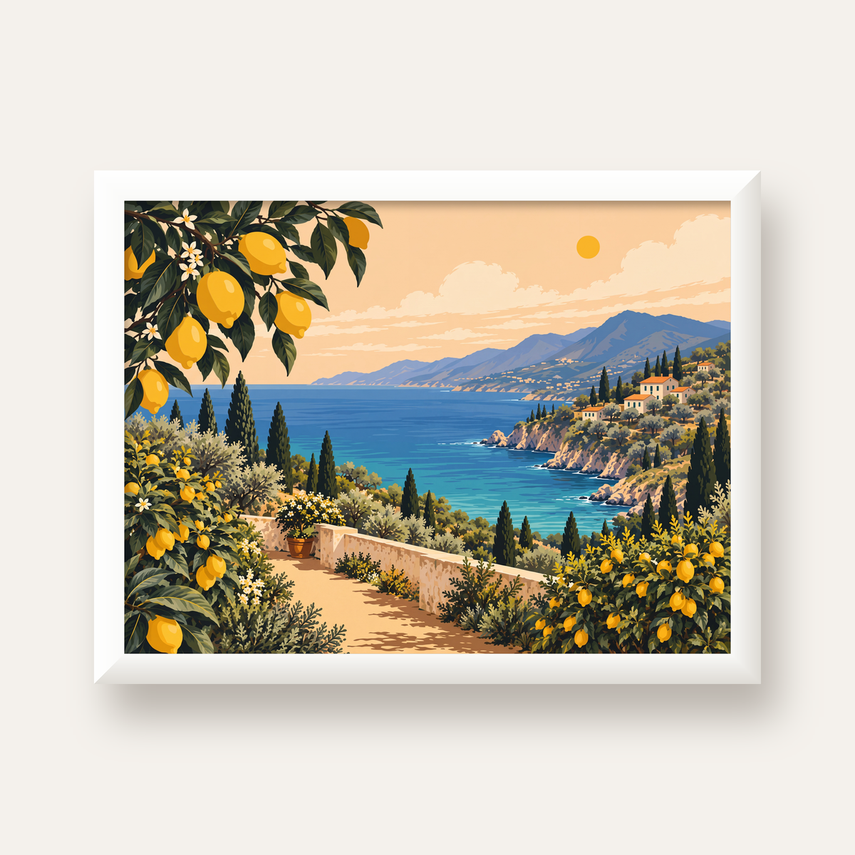 Akdeniz Limon Bahçesi Manzarası Dijital Poster Baskı — beyaz çerçeveli yatay poster