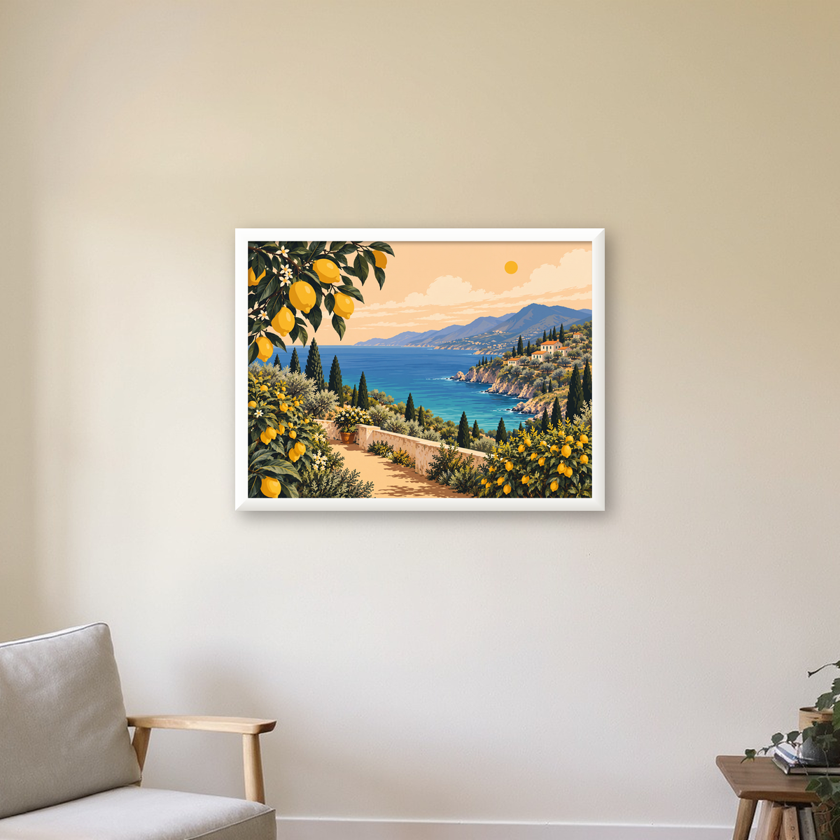 Akdeniz Limon Bahçesi Manzarası Dijital Poster Baskı — beyaz çerçeveli yatay poster