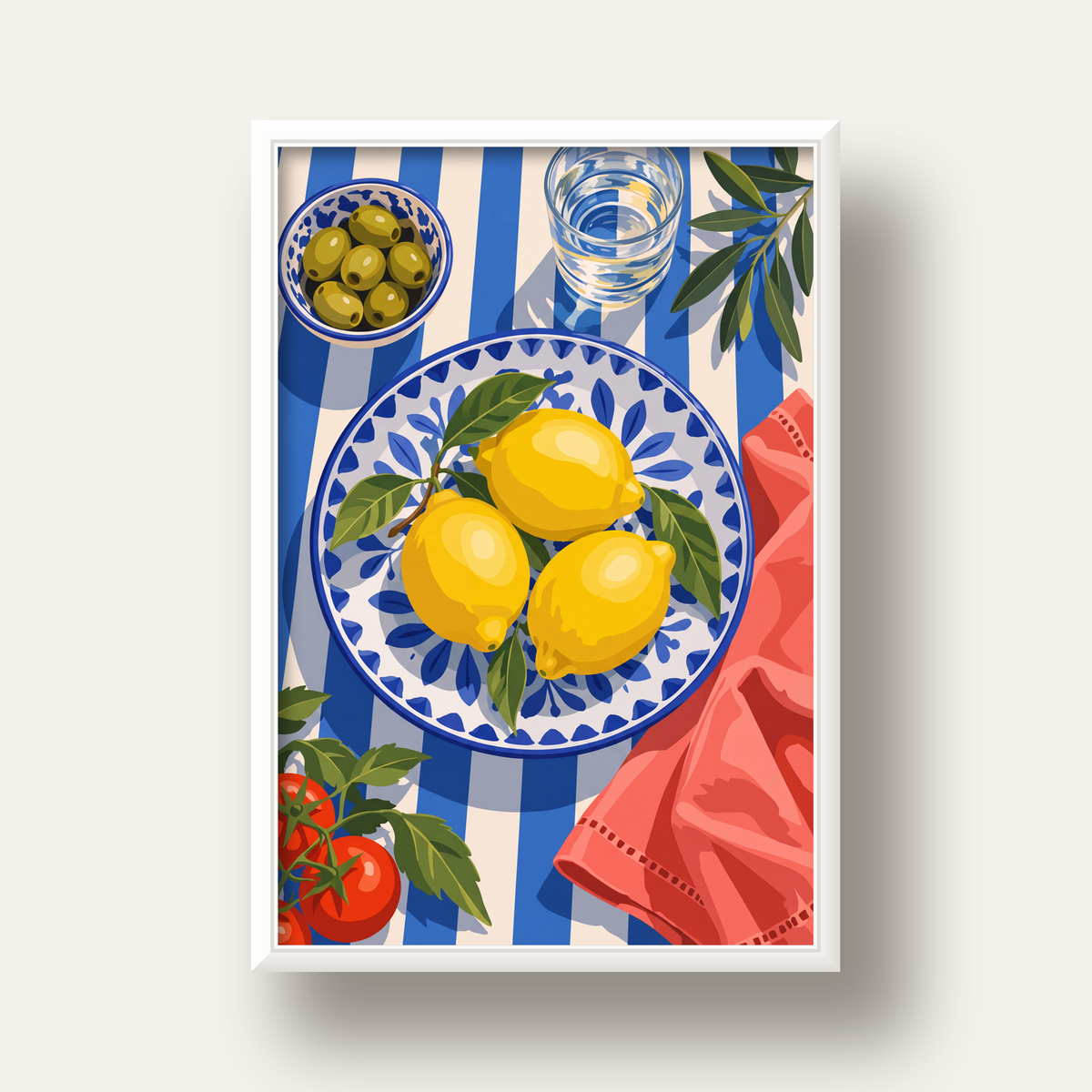 Akdeniz Limonlu Sofra Poster – Canlı Renkli Dijital Baskı — beyaz derin çerçeveli
