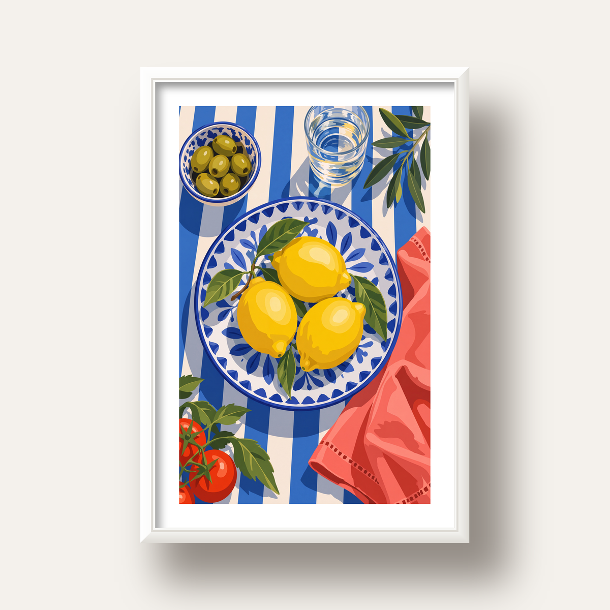 Akdeniz Limonlu Sofra Poster – Canlı Renkli Dijital Baskı — beyaz derin çerçeveli paspartulu