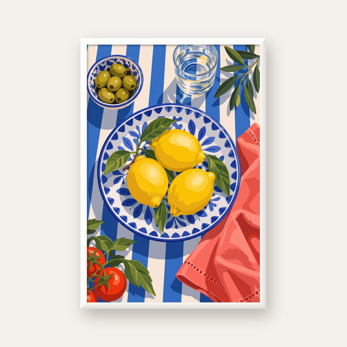 Akdeniz Limonlu Sofra Poster – Canlı Renkli Dijital Baskı — beyaz çerçeveli dikey poster