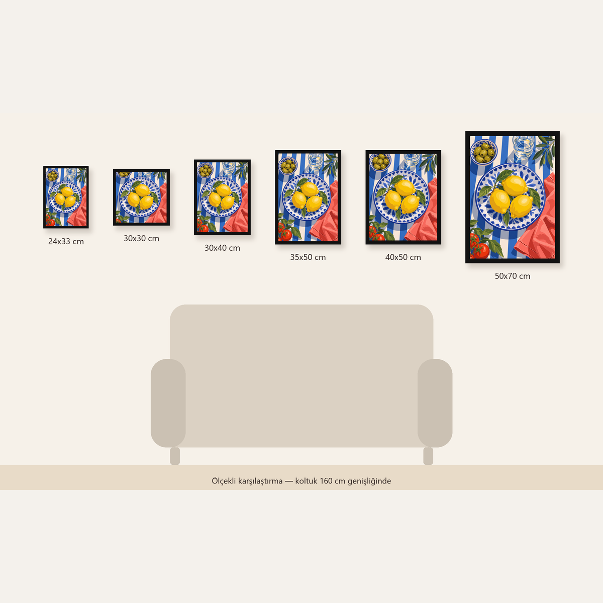 Akdeniz Limonlu Sofra Poster – Canlı Renkli Dijital Baskı — 24×33 cm'den 50×70 cm'e, altı ölçünün karşılaştırması
