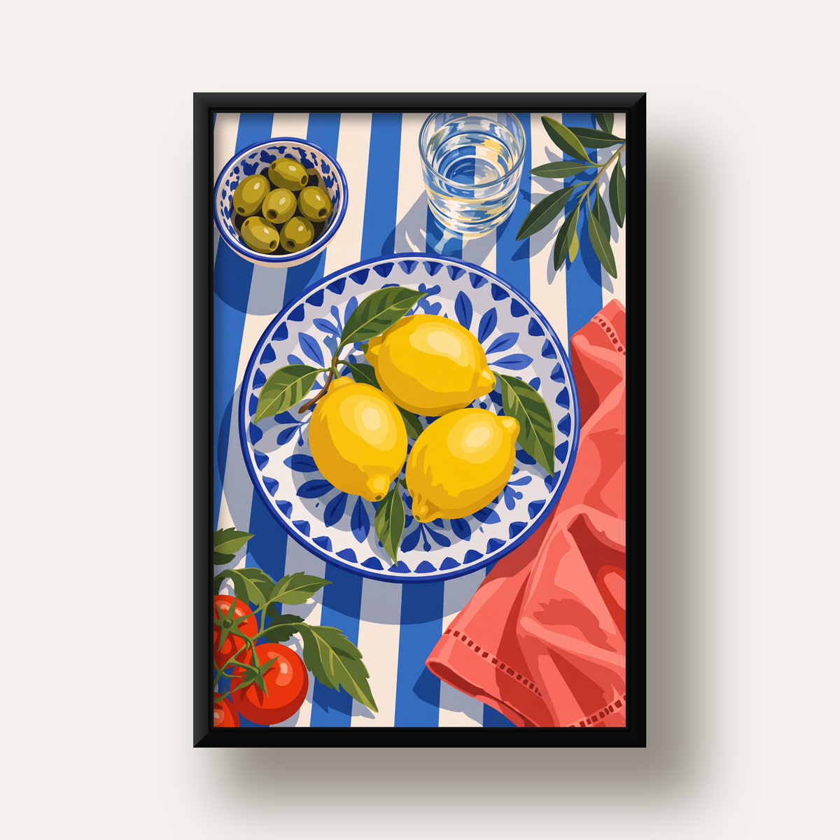 Akdeniz Limonlu Sofra Poster – Canlı Renkli Dijital Baskı — siyah derin çerçeveli