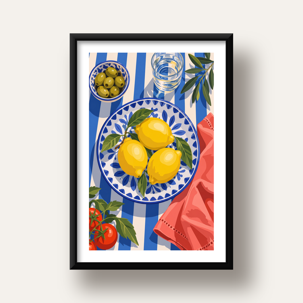 Akdeniz Limonlu Sofra Poster – Canlı Renkli Dijital Baskı — siyah derin çerçeveli paspartulu