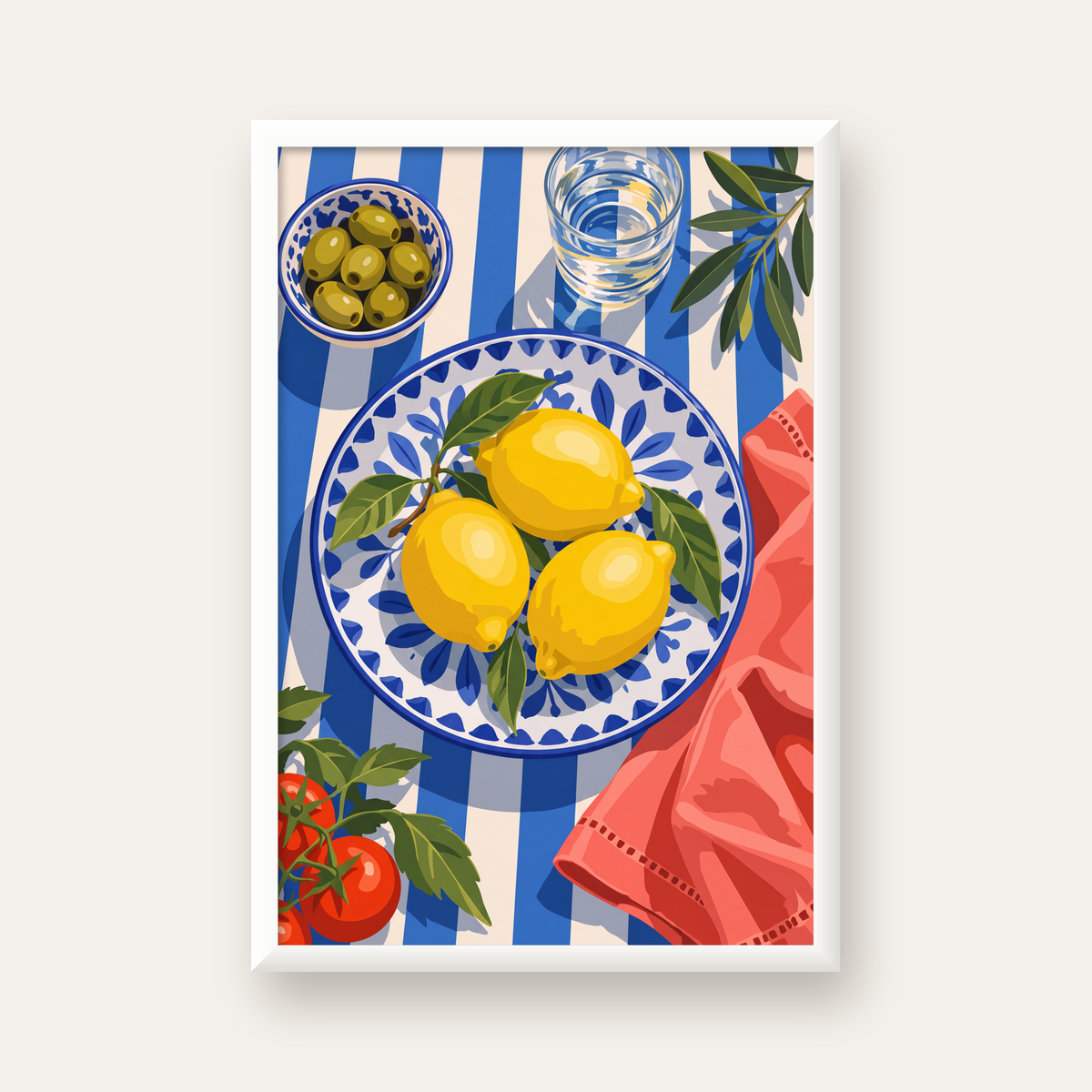 Akdeniz Limonlu Sofra Poster – Canlı Renkli Dijital Baskı — beyaz çerçeveli dikey poster