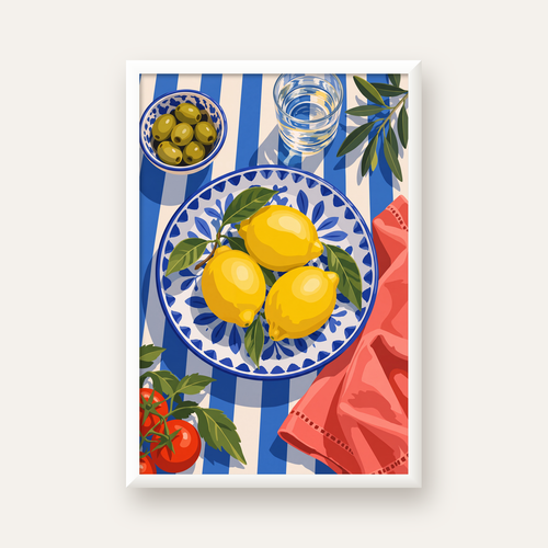 Akdeniz Limonlu Sofra Poster – Canlı Renkli Dijital Baskı — beyaz çerçeveli dikey poster