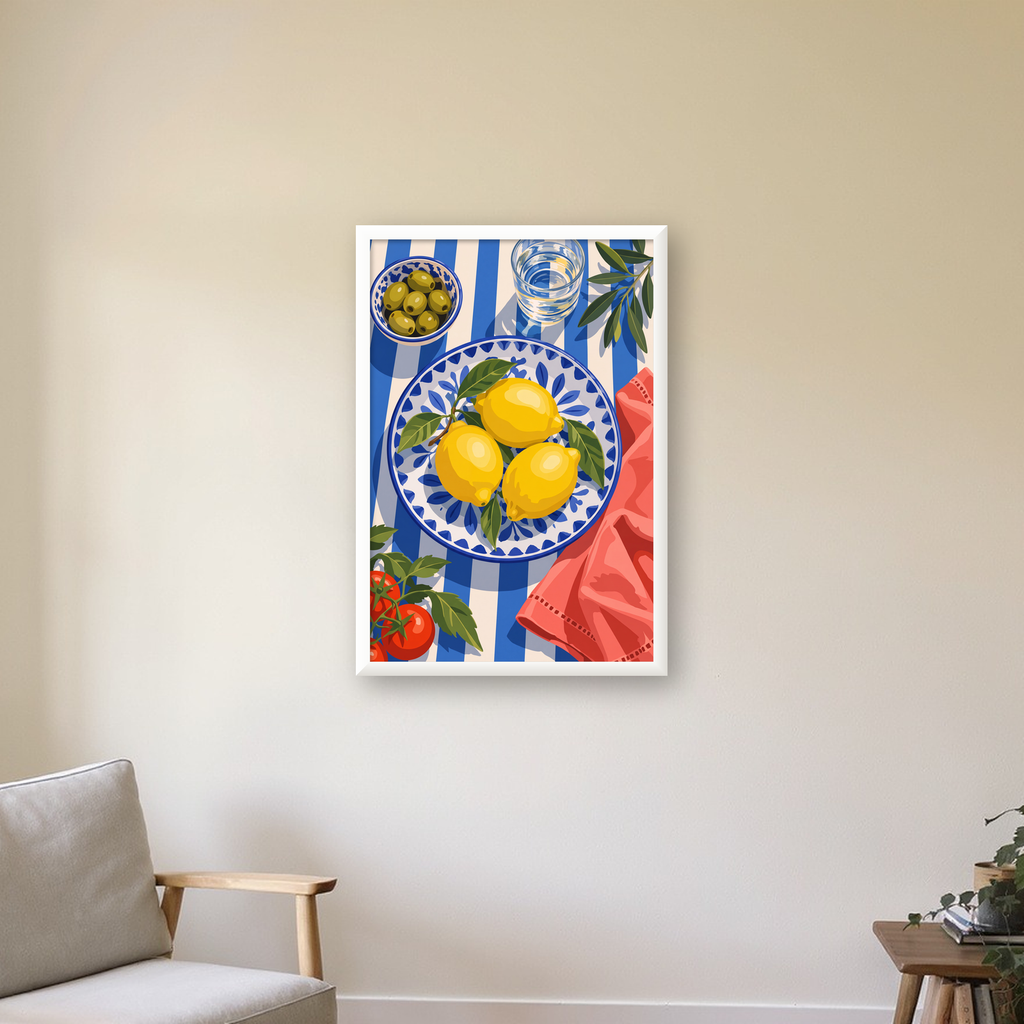 Akdeniz Limonlu Sofra Poster – Canlı Renkli Dijital Baskı — beyaz çerçeveli dikey poster
