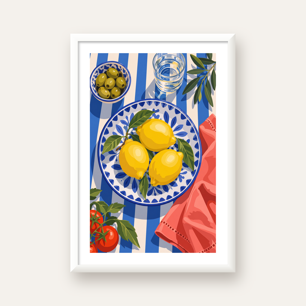 Akdeniz Limonlu Sofra Poster – Canlı Renkli Dijital Baskı — beyaz çerçeveli dikey poster