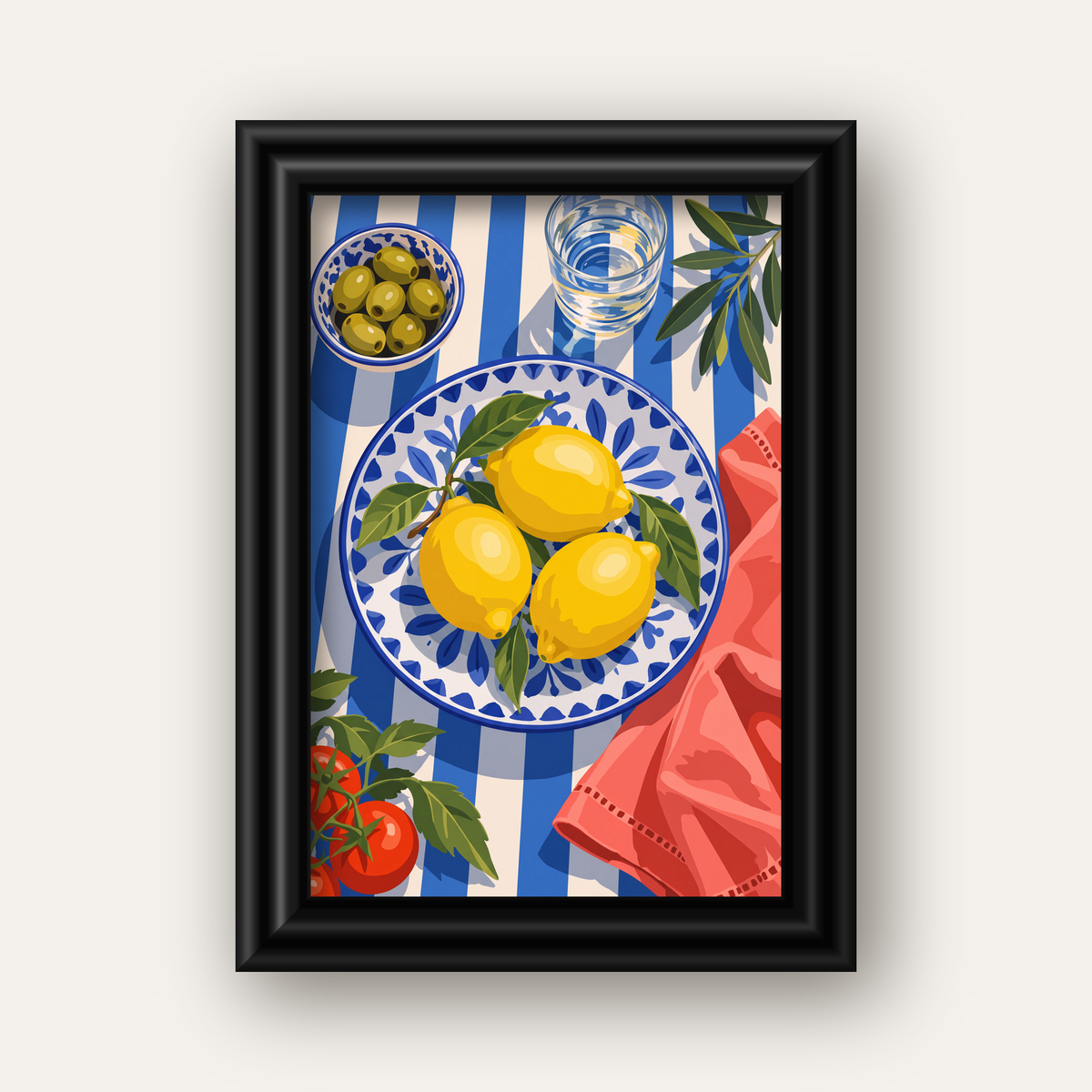 Akdeniz Limonlu Sofra Poster – Canlı Renkli Dijital Baskı — siyah galeri çerçeveli