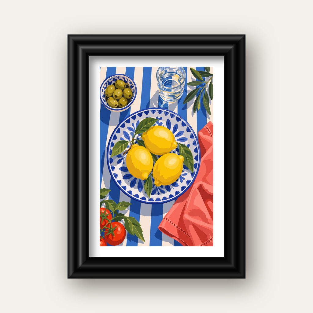 Akdeniz Limonlu Sofra Poster – Canlı Renkli Dijital Baskı — siyah galeri çerçeveli paspartulu