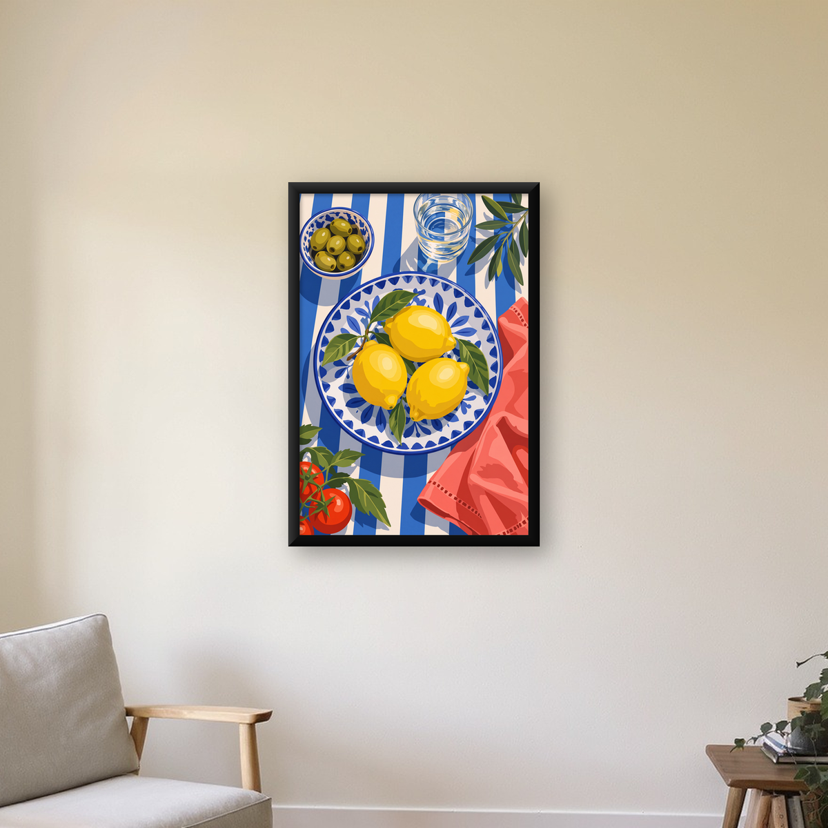 Akdeniz Limonlu Sofra Poster – Canlı Renkli Dijital Baskı — çerçeveli hâliyle bir ev duvarında