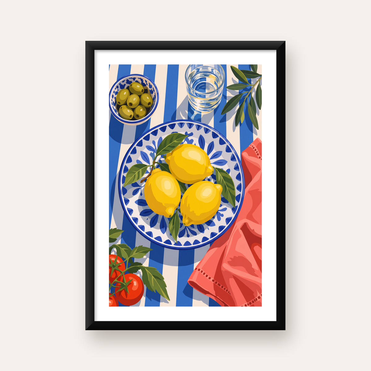 Akdeniz Limonlu Sofra Poster – Canlı Renkli Dijital Baskı — beyaz paspartulu, düz siyah çerçeveli