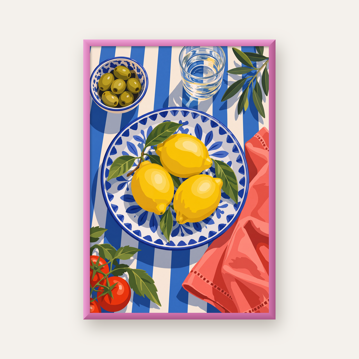 Akdeniz Limonlu Sofra Poster – Canlı Renkli Dijital Baskı — pembe çerçeveli