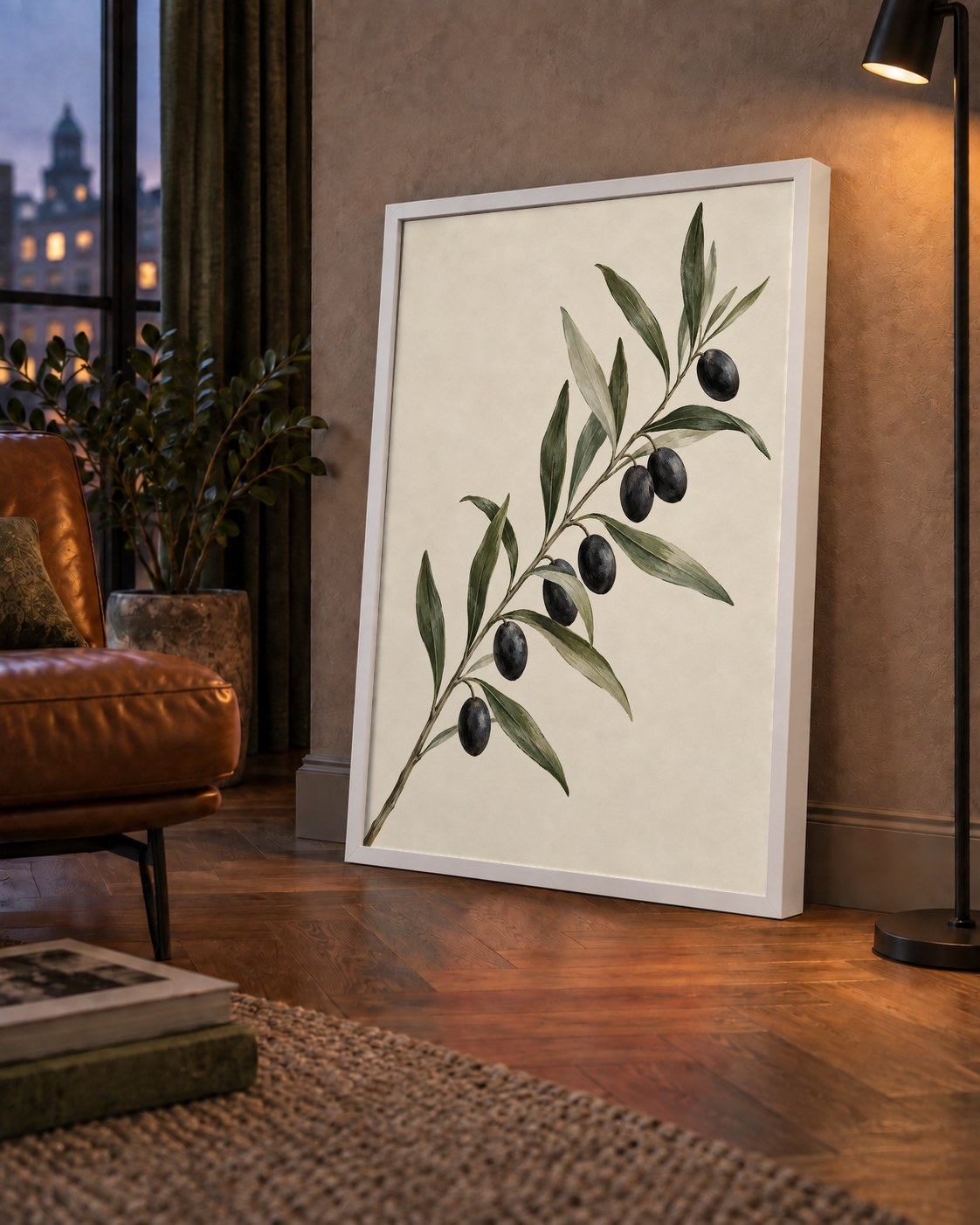 Akdeniz Zeytin Dalı Sade Botanik Poster — çerçeveli hâliyle bir ev duvarında