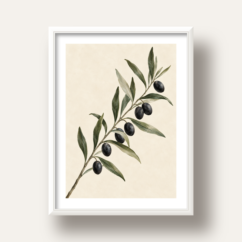 Akdeniz Zeytin Dalı Sade Botanik Poster — beyaz derin çerçeveli paspartulu