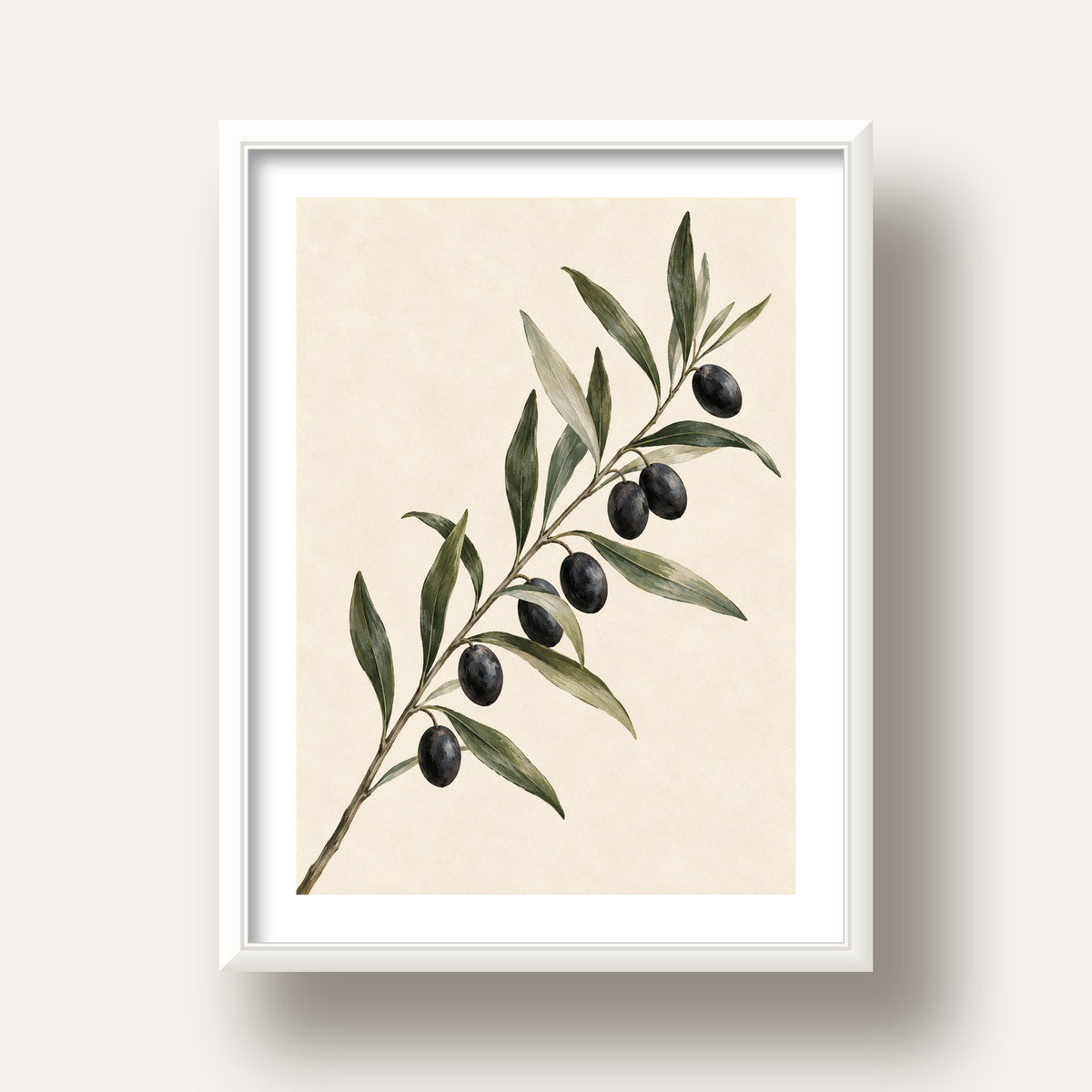 Akdeniz Zeytin Dalı Sade Botanik Poster — beyaz derin çerçeveli paspartulu