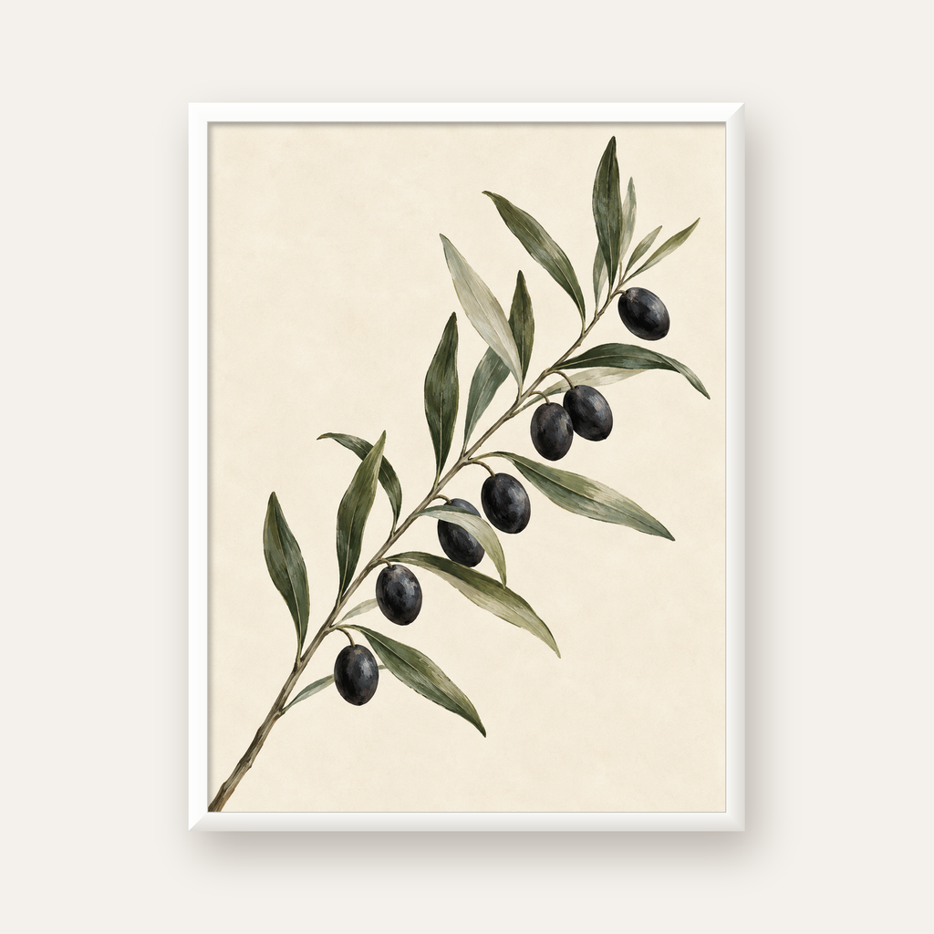Akdeniz Zeytin Dalı Sade Botanik Poster — beyaz çerçeveli dikey poster