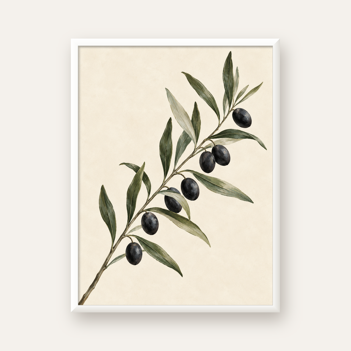 Akdeniz Zeytin Dalı Sade Botanik Poster — beyaz çerçeveli dikey poster
