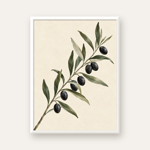 Akdeniz Zeytin Dalı Sade Botanik Poster — beyaz çerçeveli dikey poster