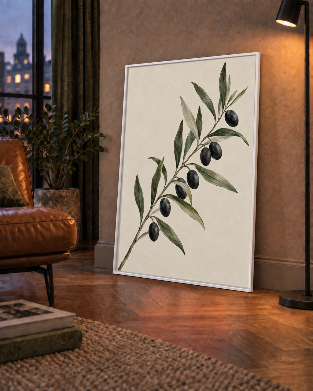 Akdeniz Zeytin Dalı Sade Botanik Poster — çerçeveli hâliyle bir ev duvarında