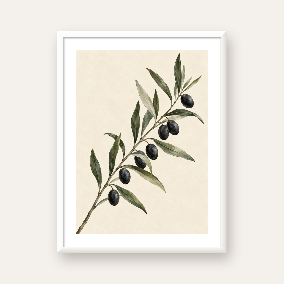 Akdeniz Zeytin Dalı Sade Botanik Poster — beyaz çerçeveli dikey poster
