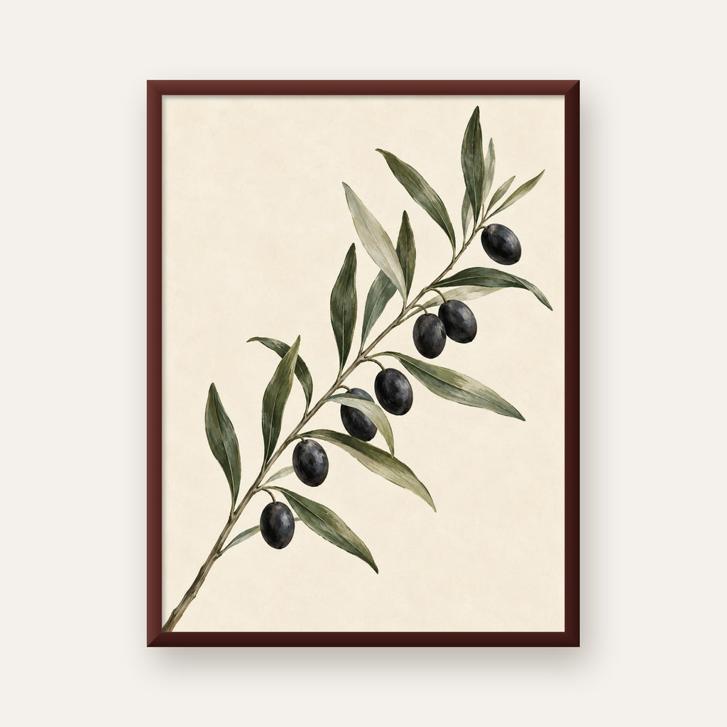 Akdeniz Zeytin Dalı Sade Botanik Poster — ceviz çerçeveli