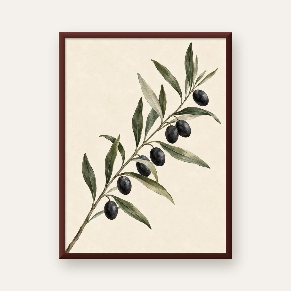 Akdeniz Zeytin Dalı Sade Botanik Poster — ceviz çerçeveli