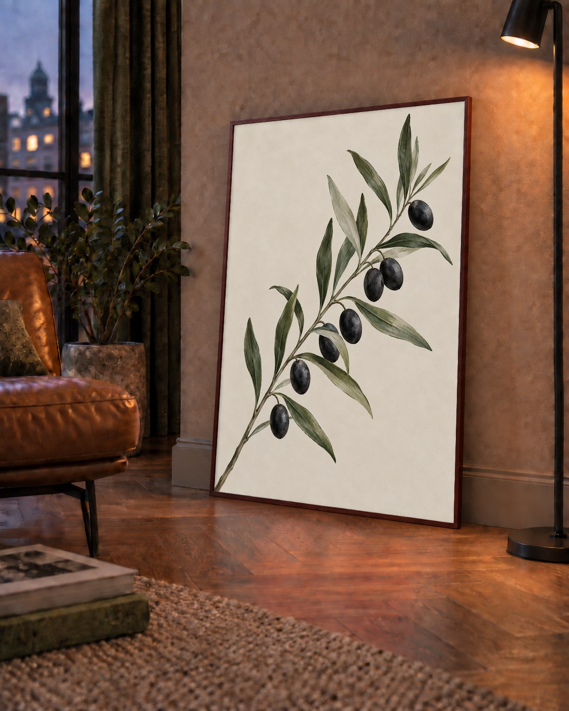 Akdeniz Zeytin Dalı Sade Botanik Poster — çerçeveli hâliyle bir ev duvarında