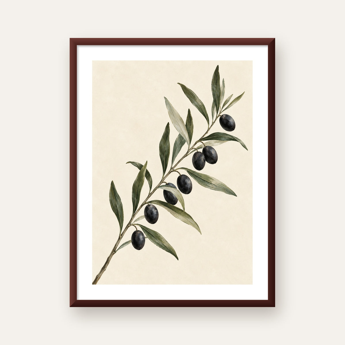 Akdeniz Zeytin Dalı Sade Botanik Poster — ceviz çerçeveli paspartulu